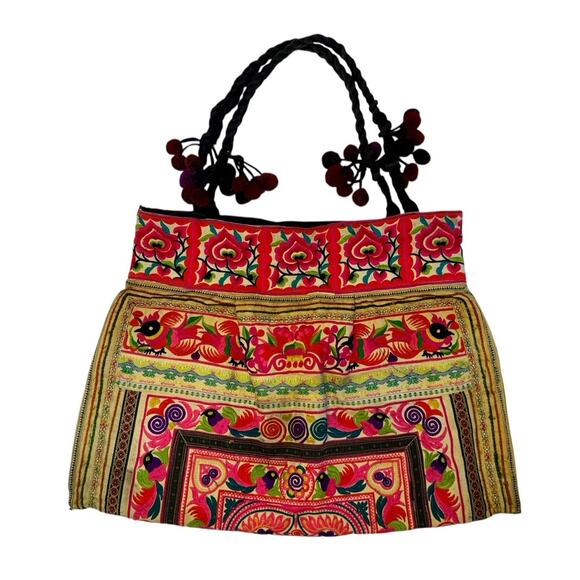 Authentic Vintage Y2K Mexican Floral Embroidered Handmade Shoulder Pom Pom Purse - Picture 3 of 13